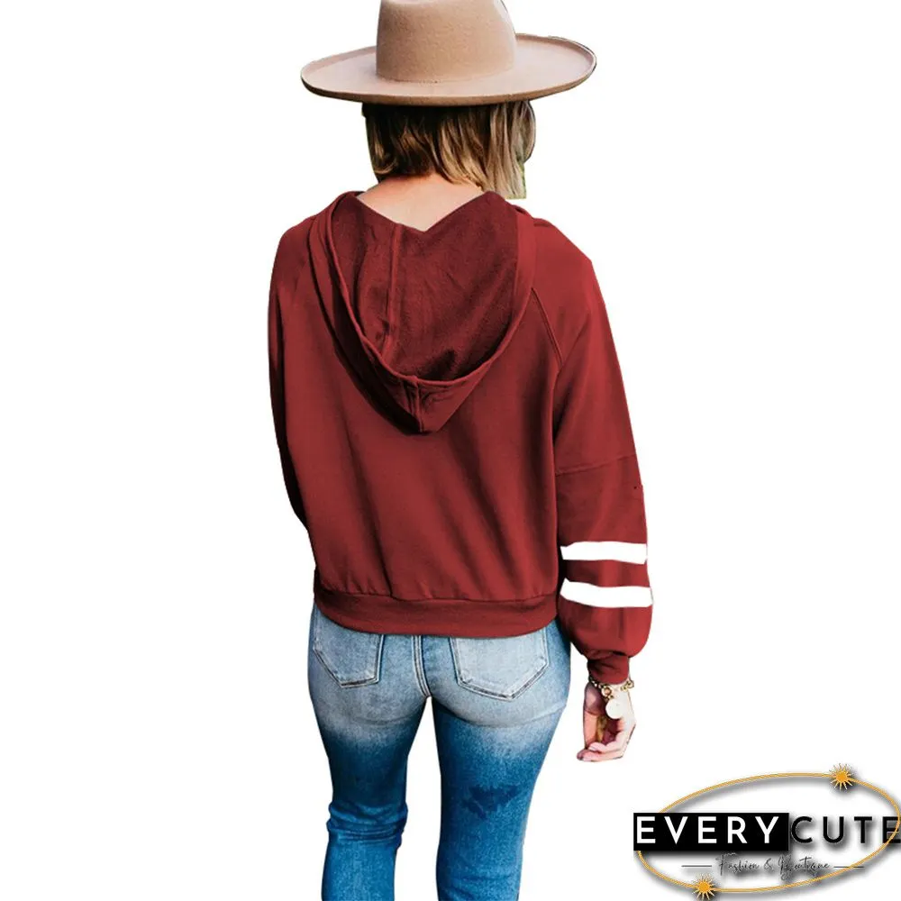 Wine Red Buttoned Long Sleeve Hoodie