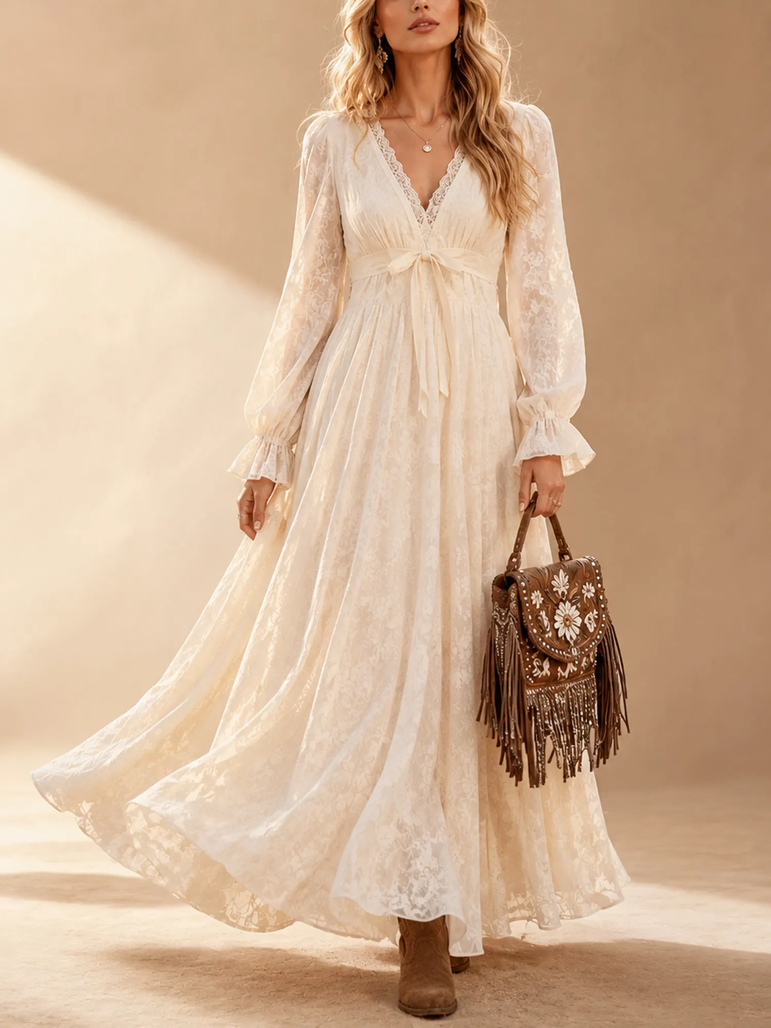 Perfect for a Western Bohemian Music Festival &mdash; Women's Apricot V-neck Lace-trimmed Tie Waist Cotton Lace Maxi Dresses