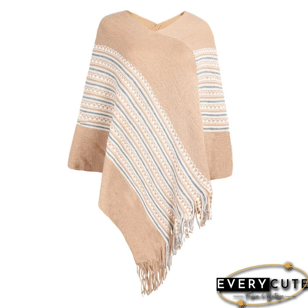 New V Neck Women Autumn Winter Sweater Colored Pullover Stripe Femme Oversize Shawls Wraps Tassel Aesthetic Knit Cape