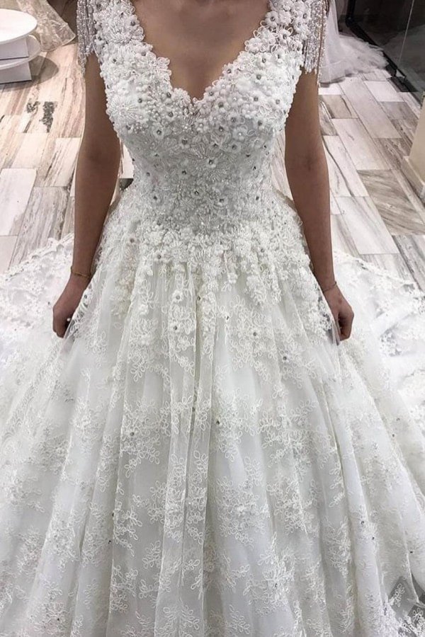 Modern Deep V-neck Crystal Floor-length A-Line Wedding Dress With Appliques Lace | Ballbellas Ballbellas