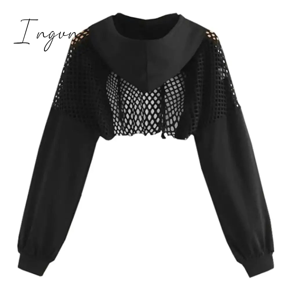 Ingvn - Black Hoodies For Women Hollow Out Crop Tops Mesh Patchwork Short Sweatshirt Long Sleeve