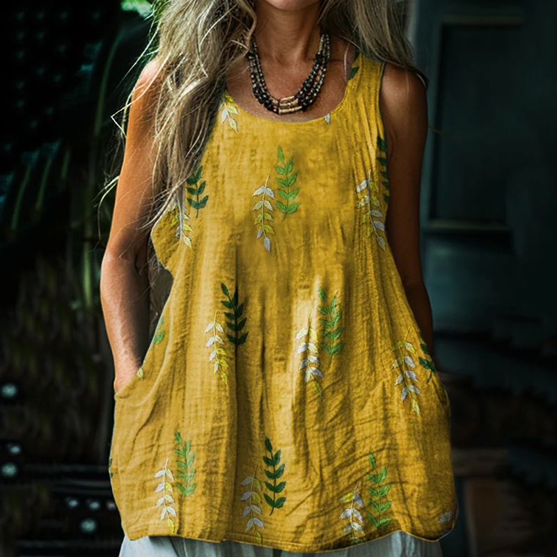 Comstylish Women's Retro Loose Bohemia Vintage Leaf Art Style Linen Suspender Sleeveless Top