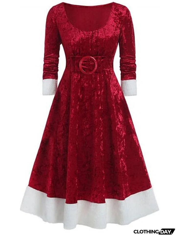 Christmas Themed Velvet Long Sleeve A-Line Dress