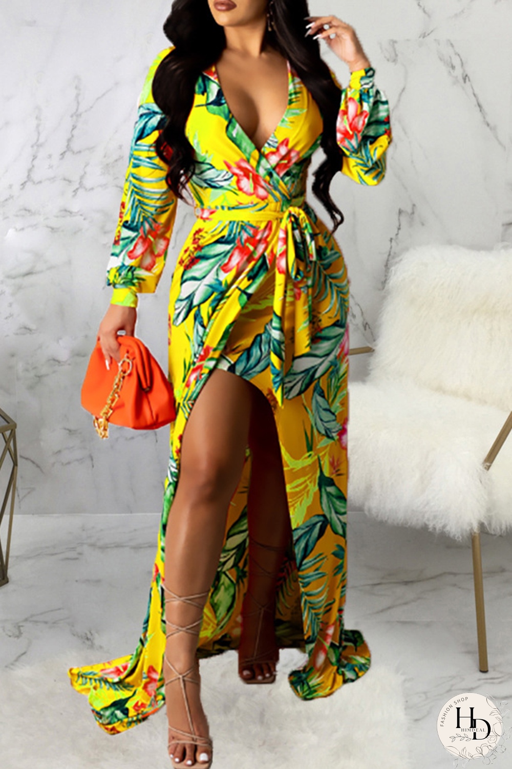Yellow Sexy Print Split Joint V Neck Irregular Dress Dresses