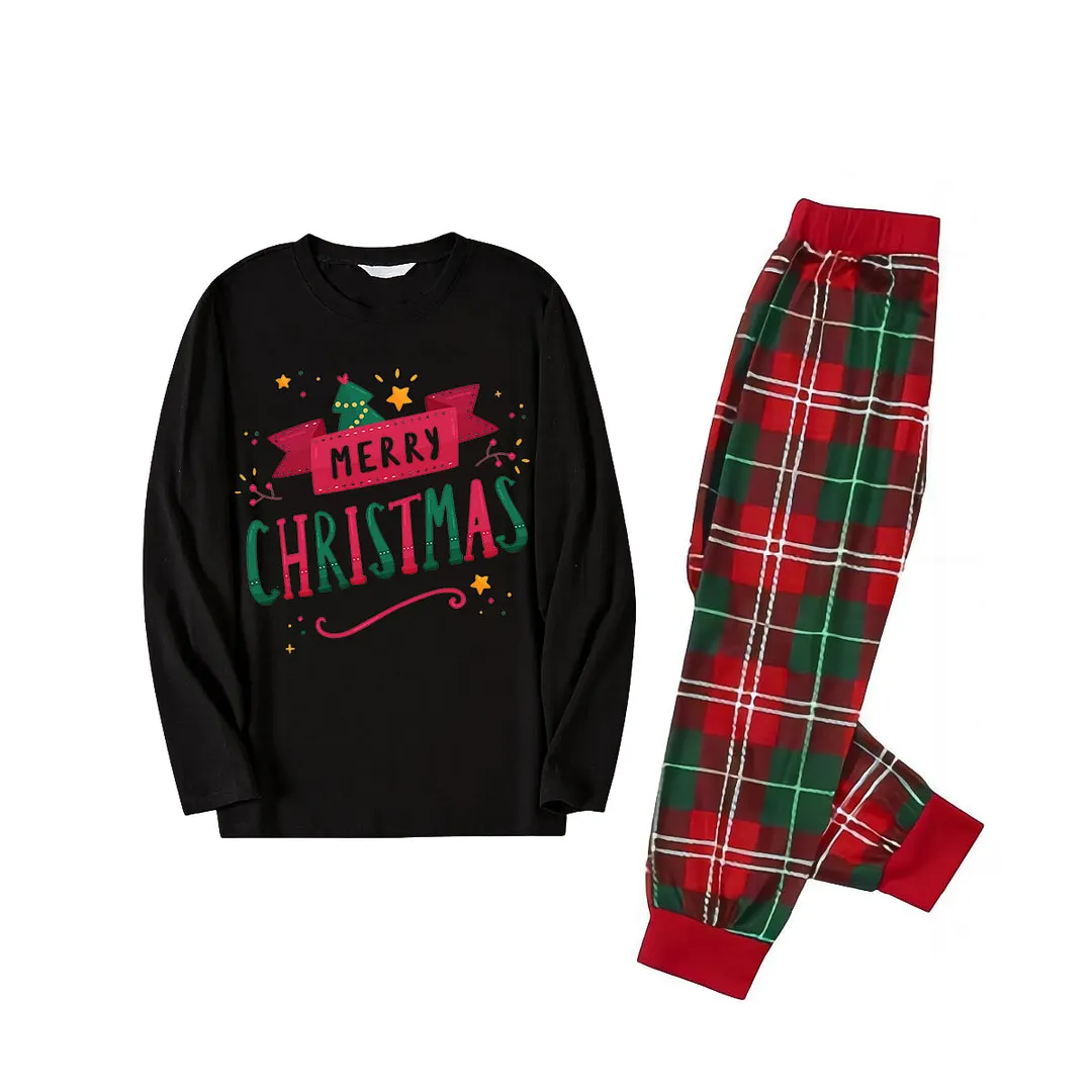 "Merry Christmas" With  Ribbons - Black Long Sleeves with Green&Red&White Plaid Pants Family Matching Pajamas