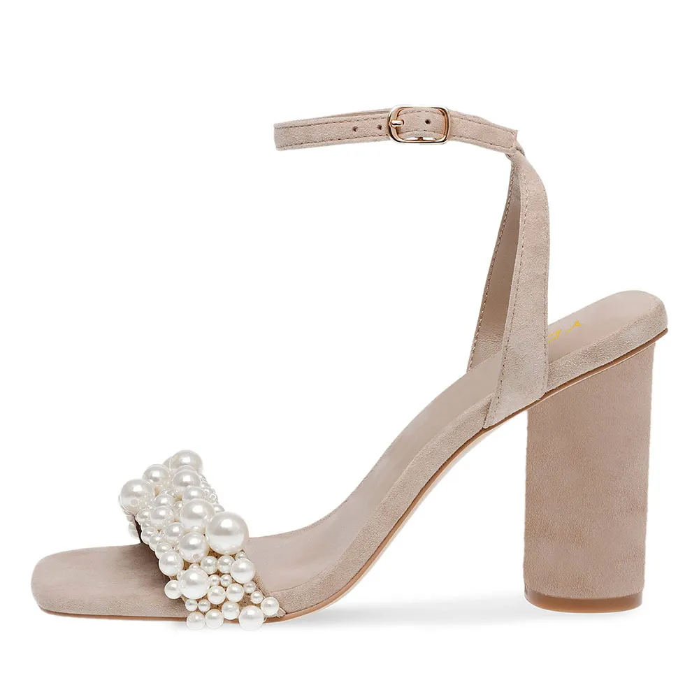 Nude Vegan Suede Open Toe Pearl Women's Heel Sandals with Ankle Strap