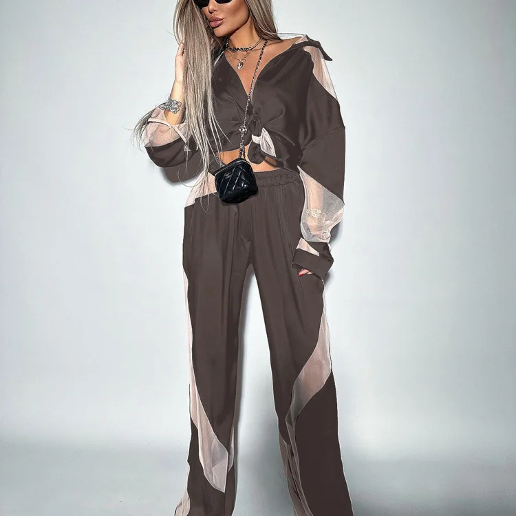 Churchf Churchf Early Autumn New Splicing See-Through Suit Long Sleeve Shirt High Waist Trousers Fashion Temperament Satin Women's Clothing