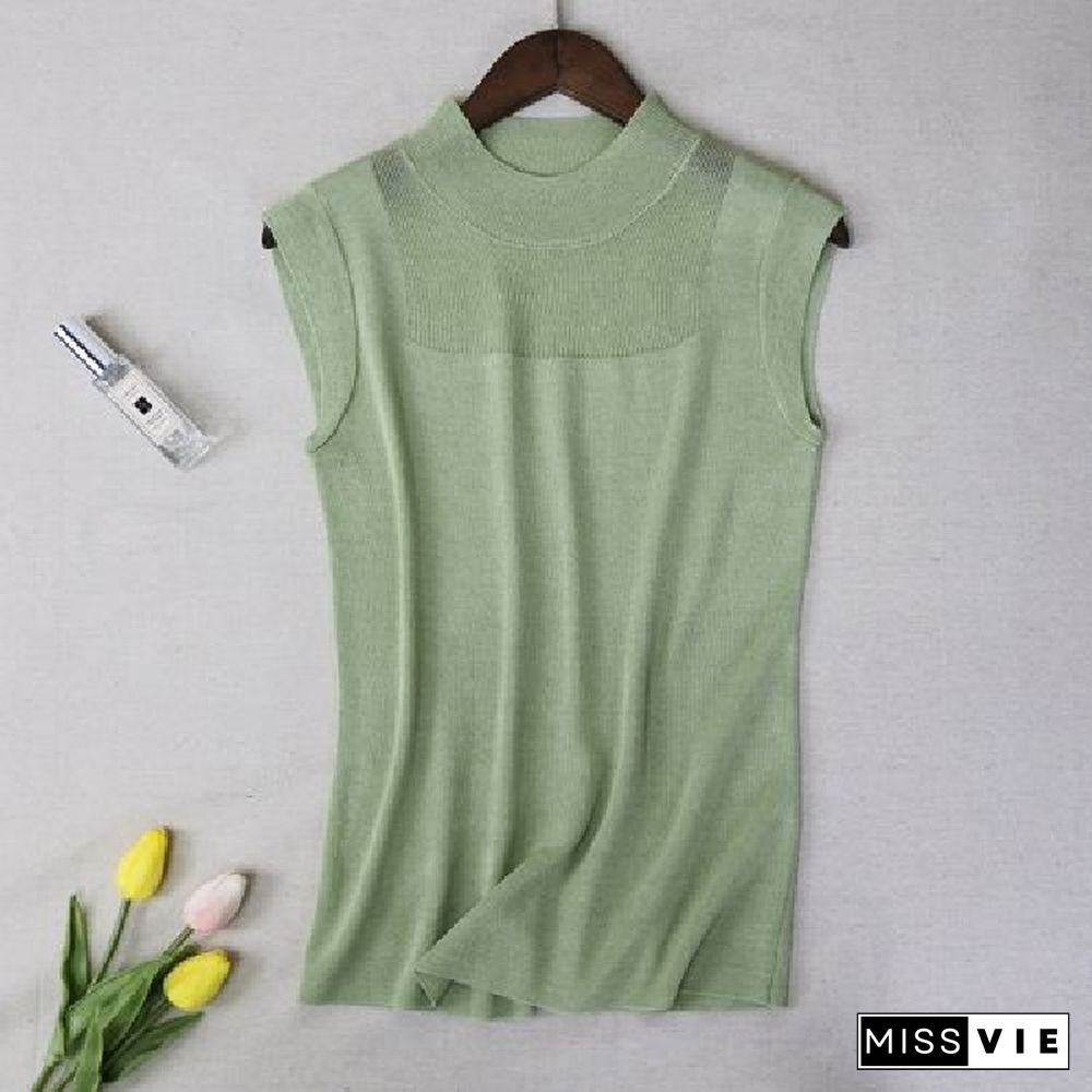 Hollow Out Sleeveless Women Knitted T Shirts Turtleneck Black Lace Sexy Lady Vest T Shirts Pink Loose Summer Thin Knit Tops