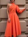 High-Neck Fluorescent One-Shoulder Long Sleeve Hollow A-Line Midi Dress