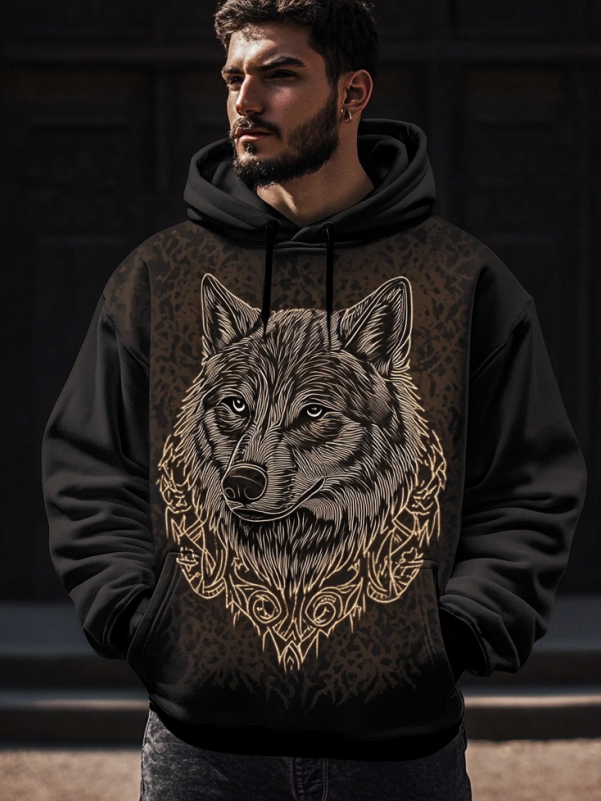 Men's Wolf Spotted Patterns Print Casual Hoodie