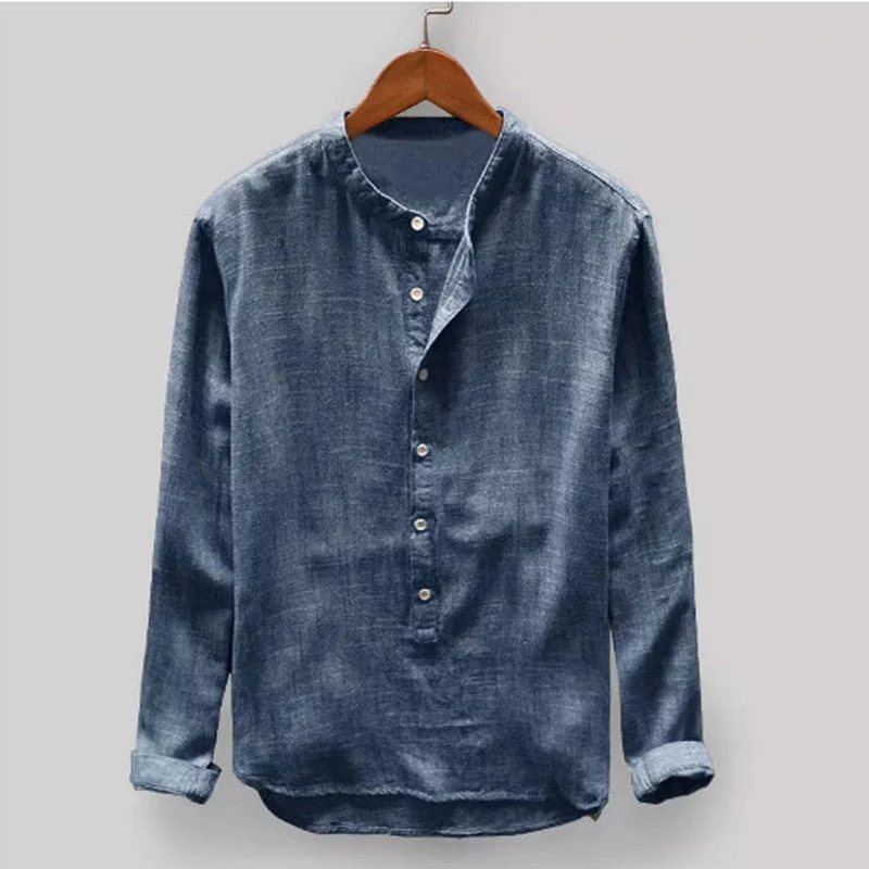 Inongge Spring Mens Long Sleeve Shirts Solid Color Tops Fashion Joker Retro Button Baggy Male Shirt Stand Collar Streetwear