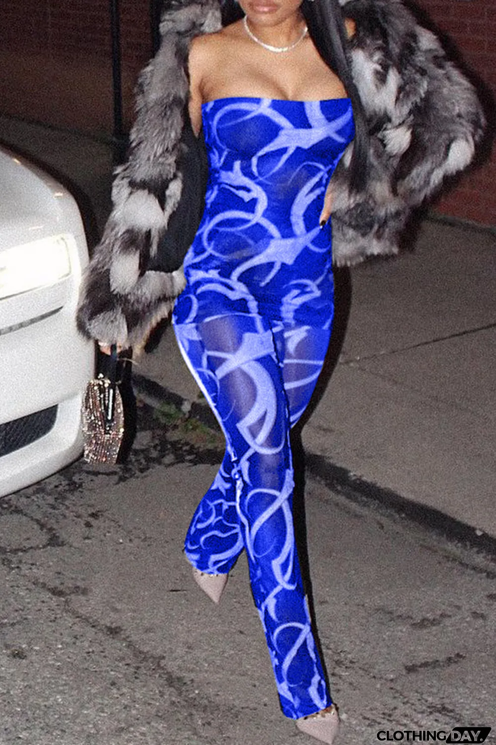 Black Sexy Print Split Joint Strapless Sleeveless Two Pieces