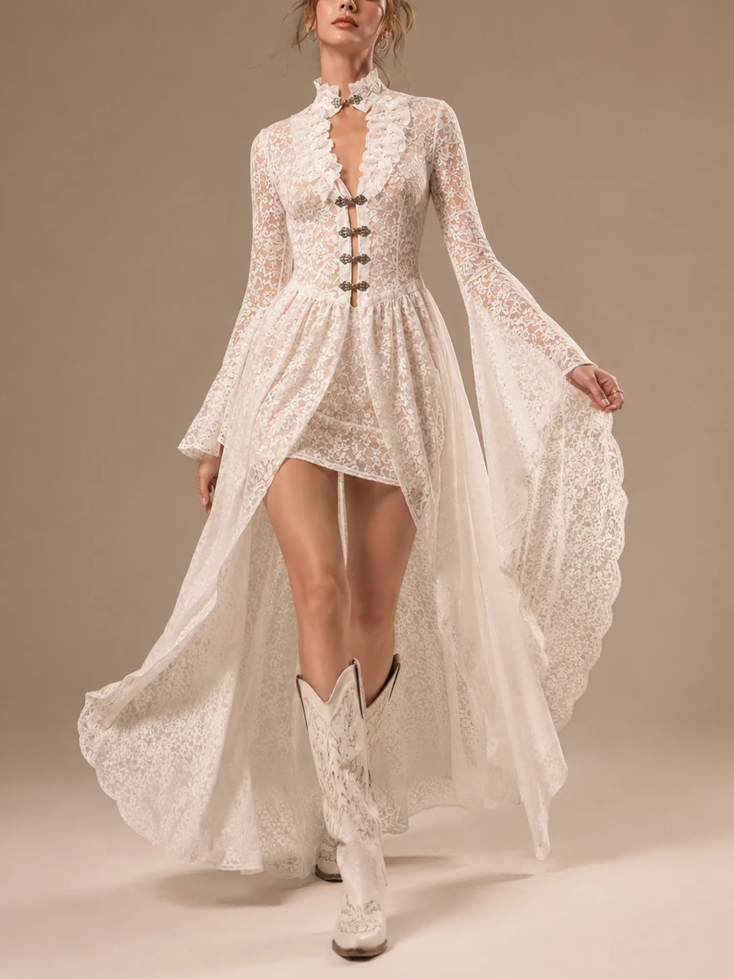 Elevate your Gothic Victorian style outfit &mdash; Maxi Dresses with stand-up collar, metal buttons, train, and floral lace trim.