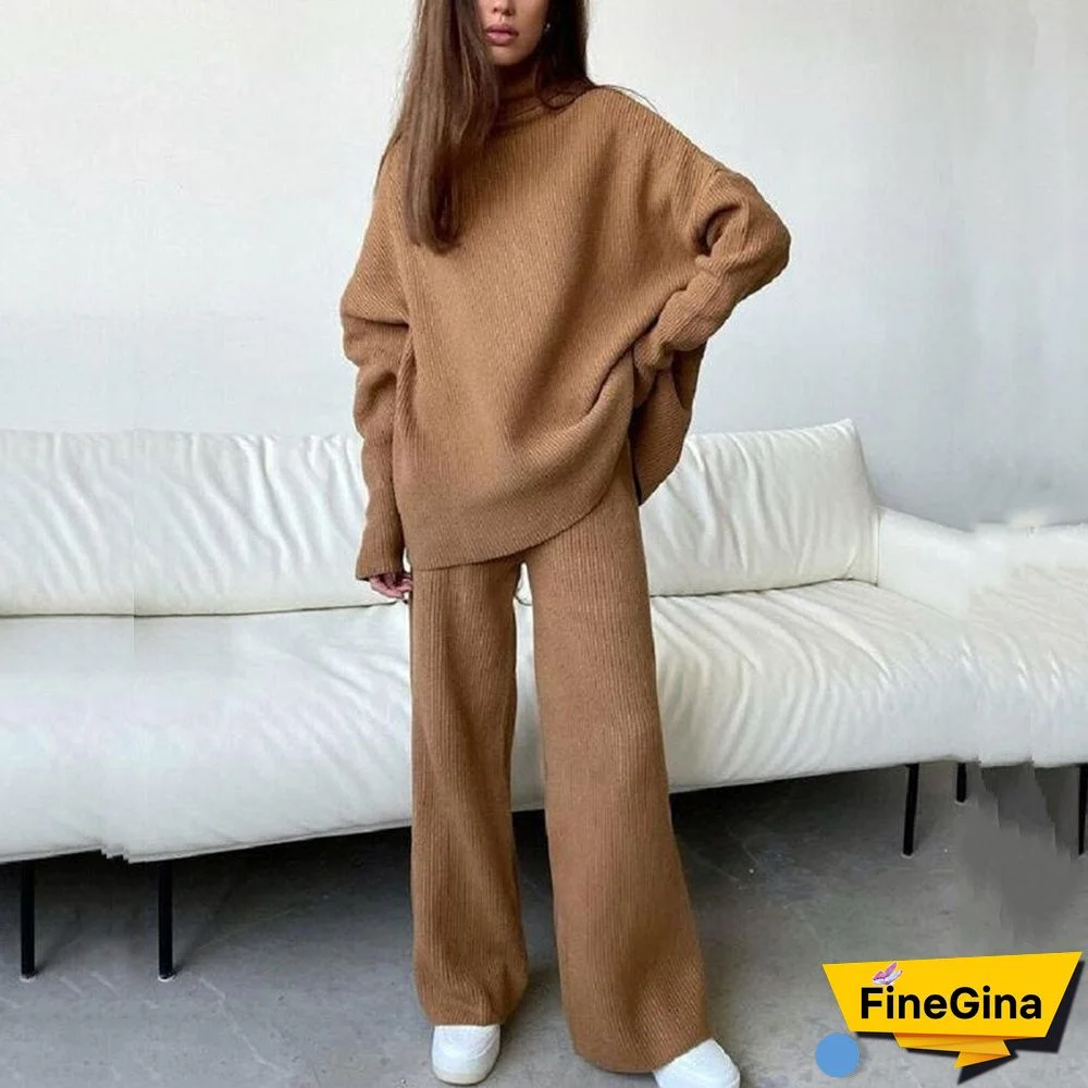 Fashion High Street Knitted Tracksuit Outfits Elegant Retro Plaid Long Sleeve Turtleneck Tops + Wide Leg Pants Women 2 Piece Set