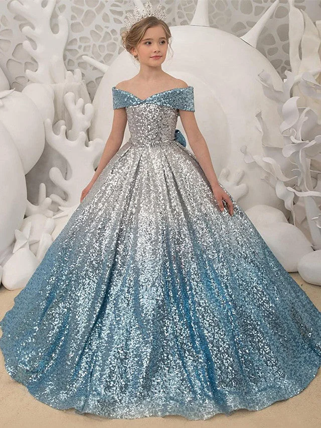 Hellodresses Princess Short Sleeves Ball Gown Flower Girl Dress With Bow Pleats Sequins Lace