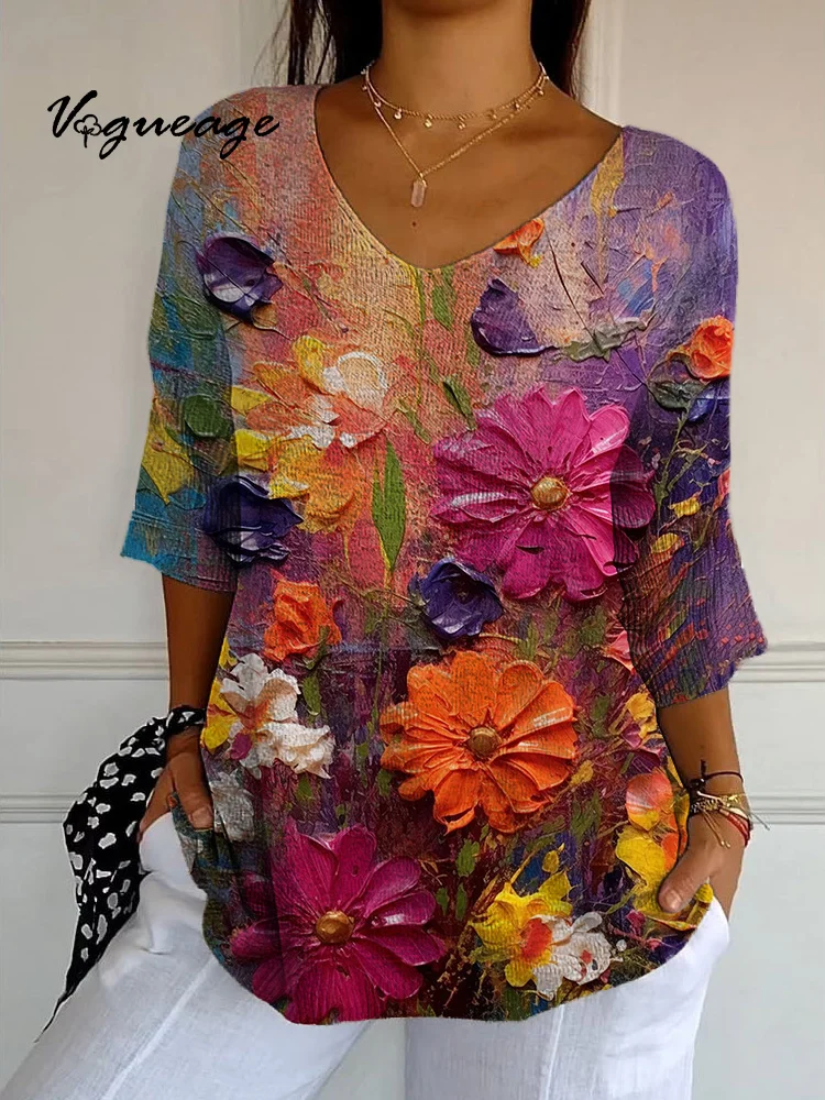 Gorgeous Oil Painting Of Flowers Printed Knitted Sweater