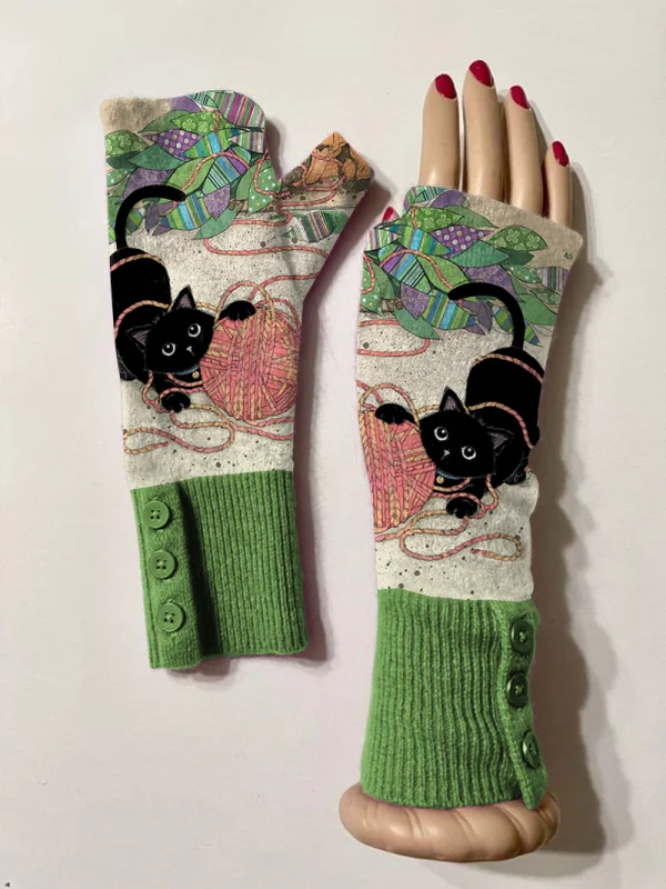Retro cat casual print knit fingerless gloves