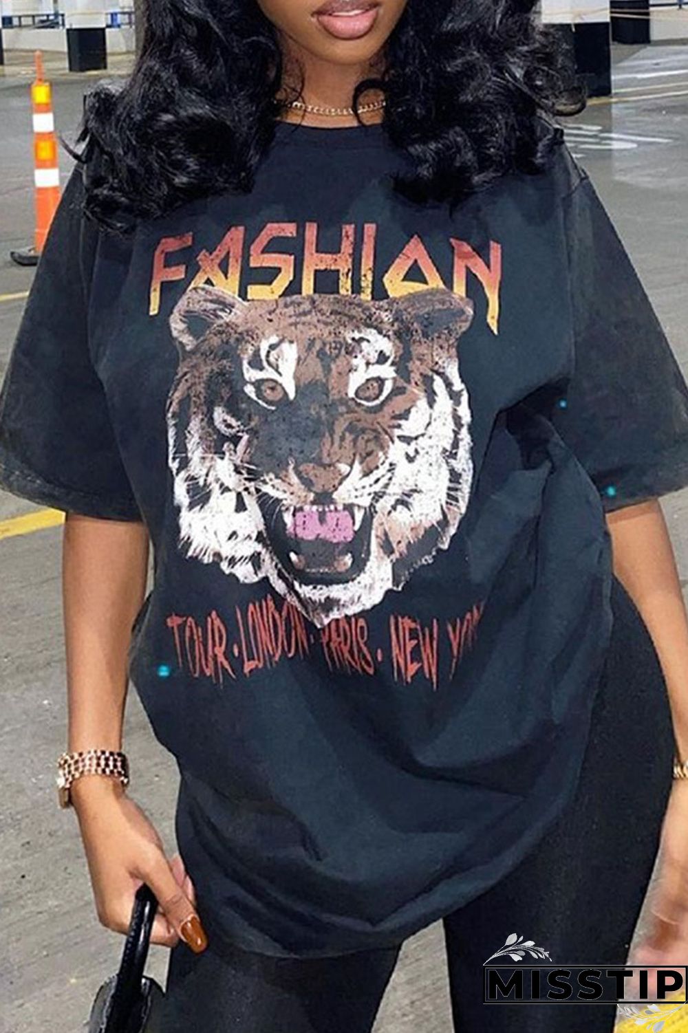 Black Casual Street Print Patchwork O Neck T-Shirts