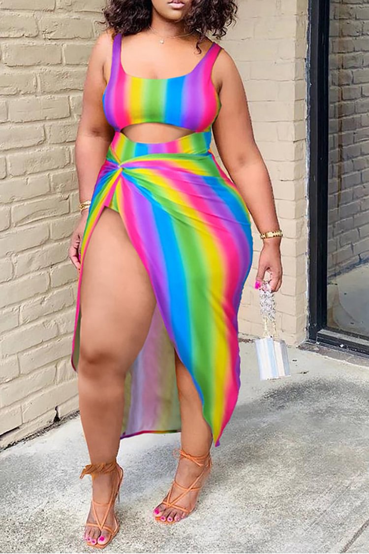 Plus Size Multicolor Casual Rainbow Print Hollow Two Piece Tankinis Swimsuit [Pre-Order]