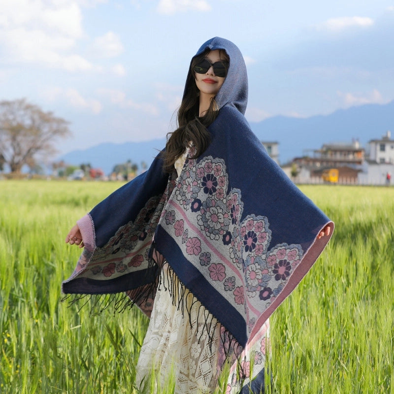 Ethnic Style Hooded Shawl Cloak Lijiang Xinjiang Tibet Northwest Tourism Wear Photograph Warm Outer Cape