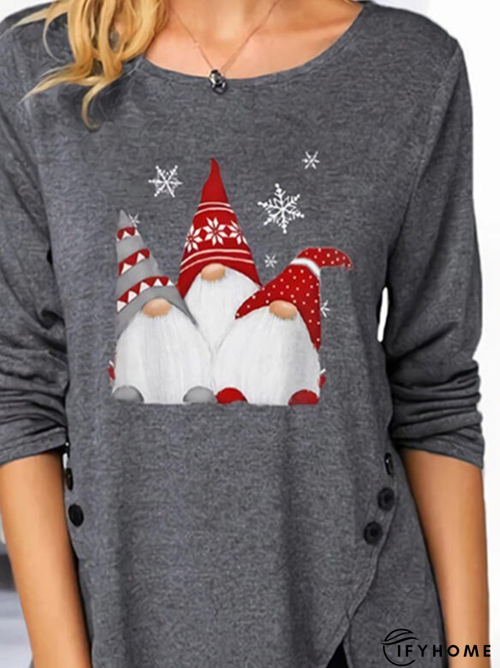 Print Round Neck Long Sleeve Button Up Casual Christmas blouse | IFYHOME