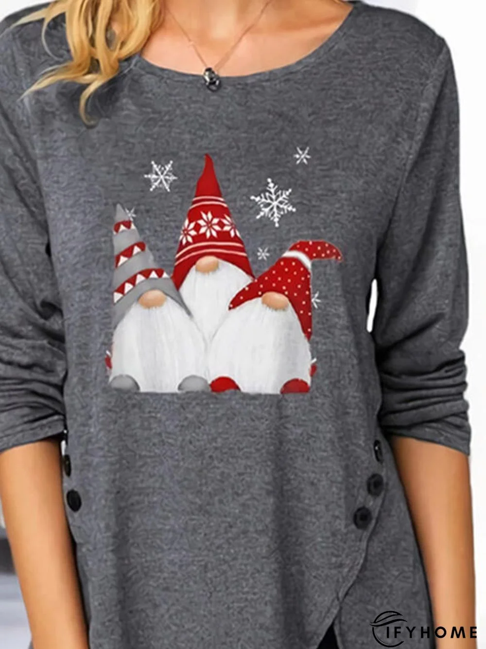 Print Round Neck Long Sleeve Button Up Casual Christmas blouse | IFYHOME