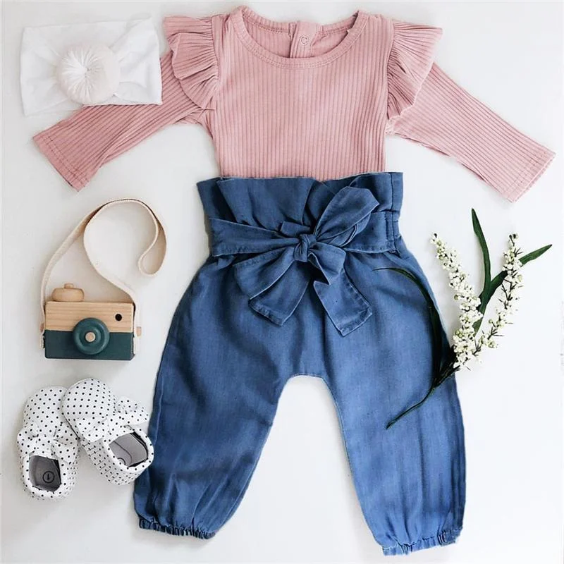 2PCS Baby Girl  Pink Ruffled Shoulder Romper and Bowknot Pants Set