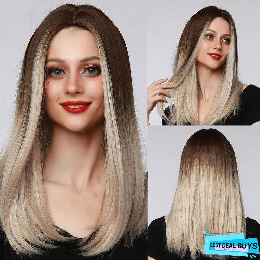 Foreign Trade Wig Women's Middle Split Brown Gradient Gold Medium Long Straight Hair