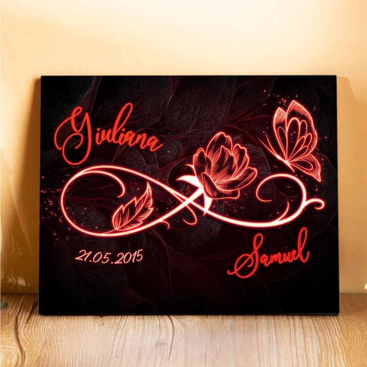 Lámina "nudo infinito de rosa" marco de madera para pareja 2 nombres personalizados con fecha