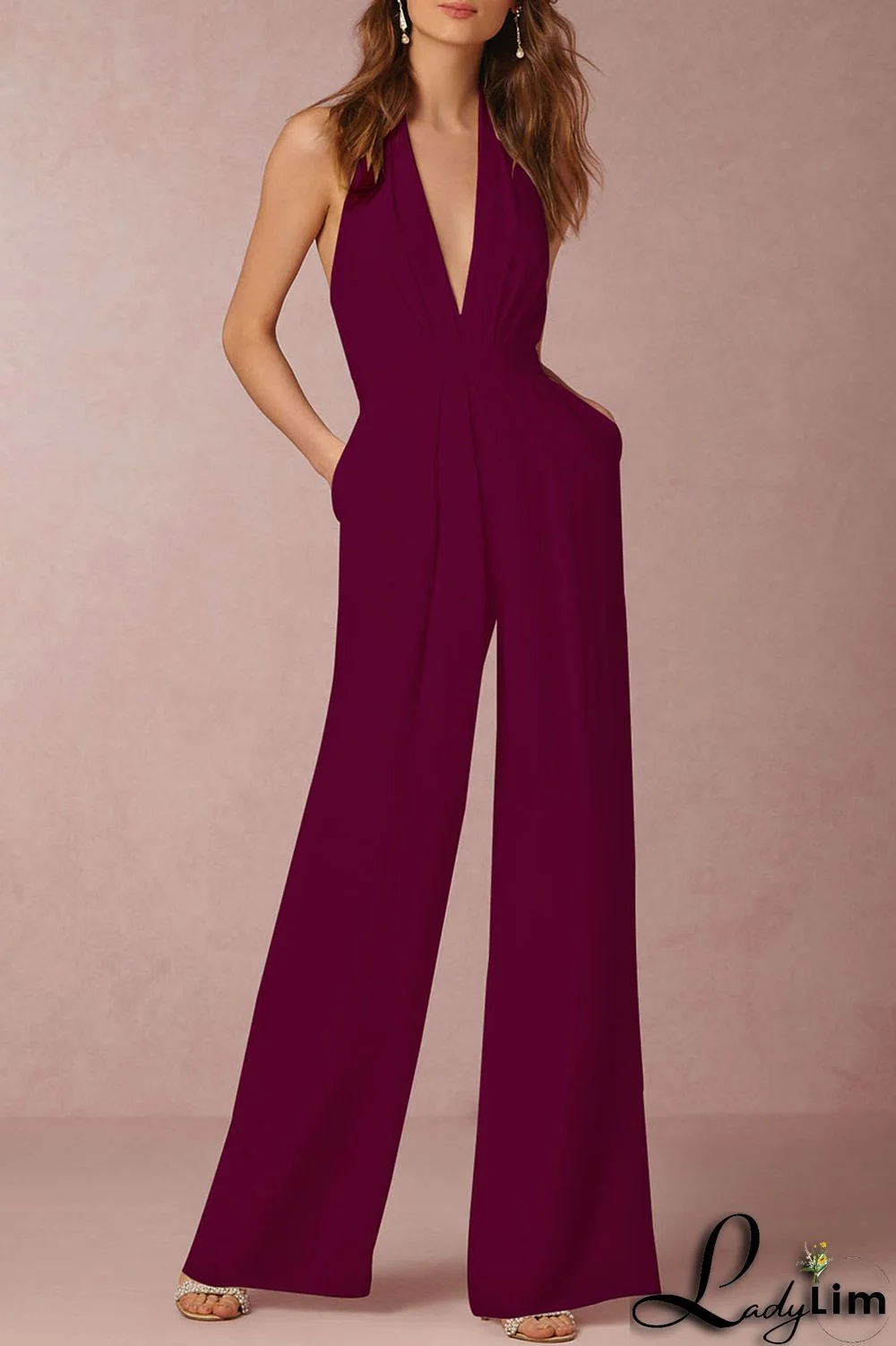 Burgundy Simplicity Solid Split Joint Backless Halter Straight Jumpsuits