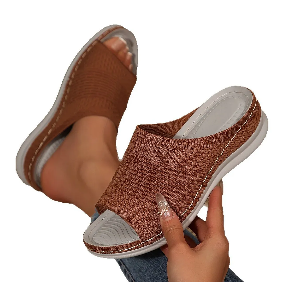 Breakj Breakj New Summer Women Thick Bottom Slippers Large-Size Wide Striped Fish Mouth Thick Bottom Slippers Women