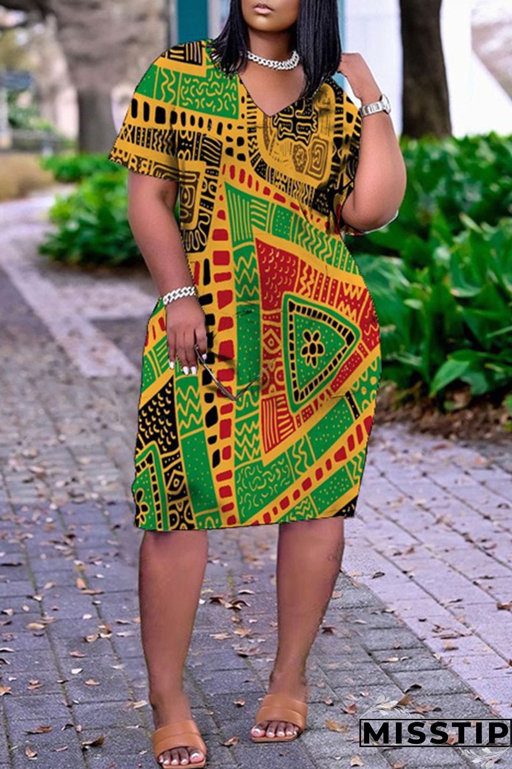 Black Green Casual Print Patchwork V Neck Straight Dresses