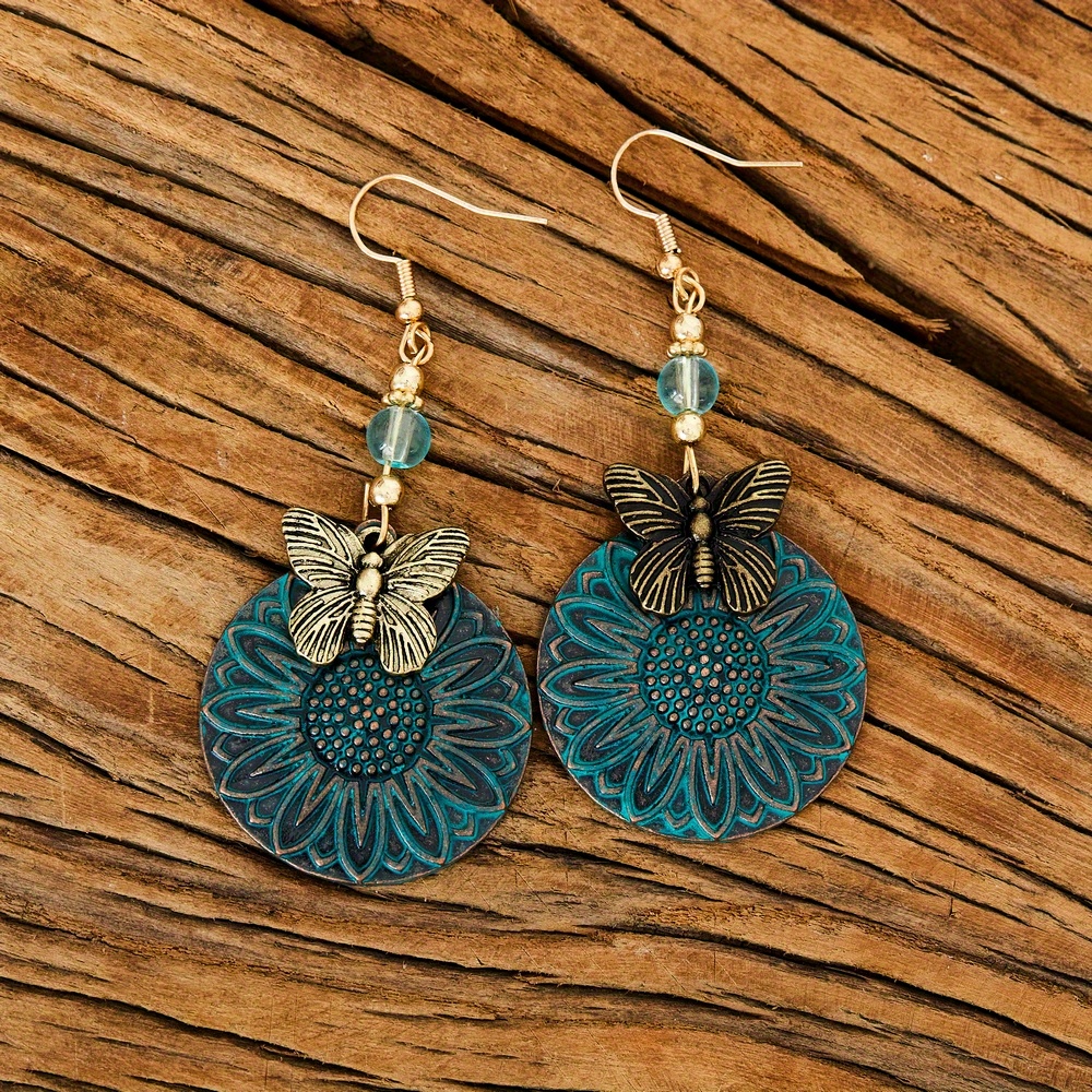 2pcs Trendy Blue Bohemian Round Sunflower Pattern Pendant Butterfly Earrings For Women Gift For Family And Friends