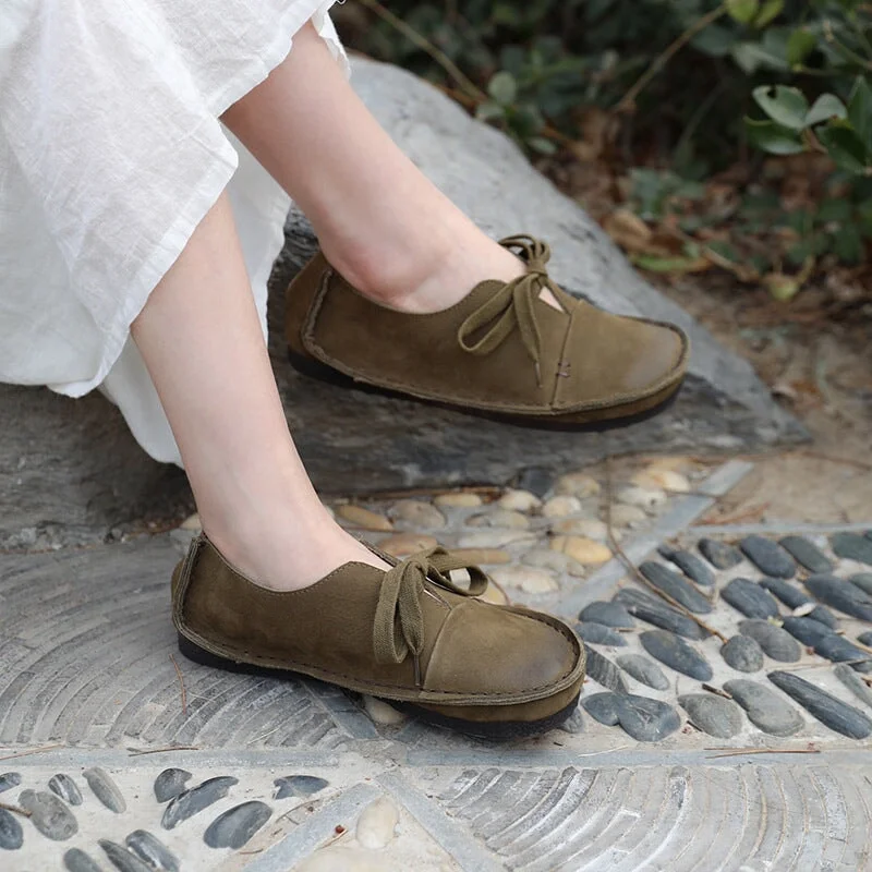 Soft Leather Lace-Up Casual Shoes Retro Flats in Green/Coffee