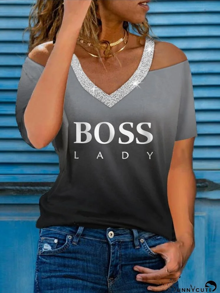 Cold Shoulder Studded Letter Print Long Sleeve Top for Women