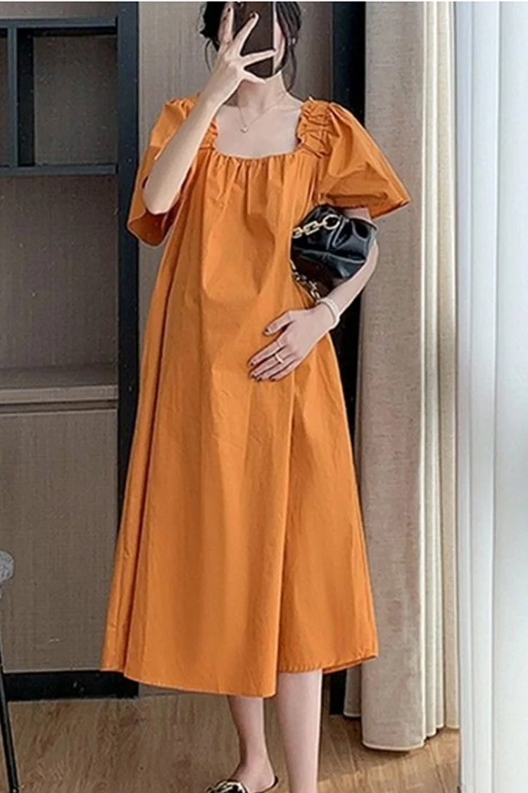 Casual Solid Color Square Collar Short Sleeve Long Summer Dress