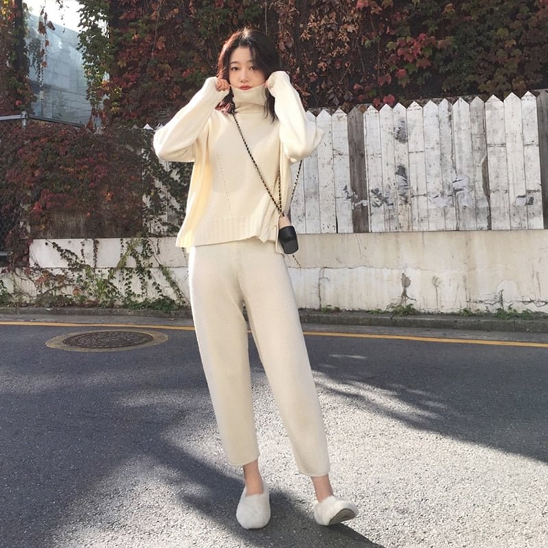 Casual Sweater Pants Knitted 2 Pieces Set Turtleneck Pullovers & Elastic Waist Pants Women Sweater Sets 2020 Autumn Knitted Set