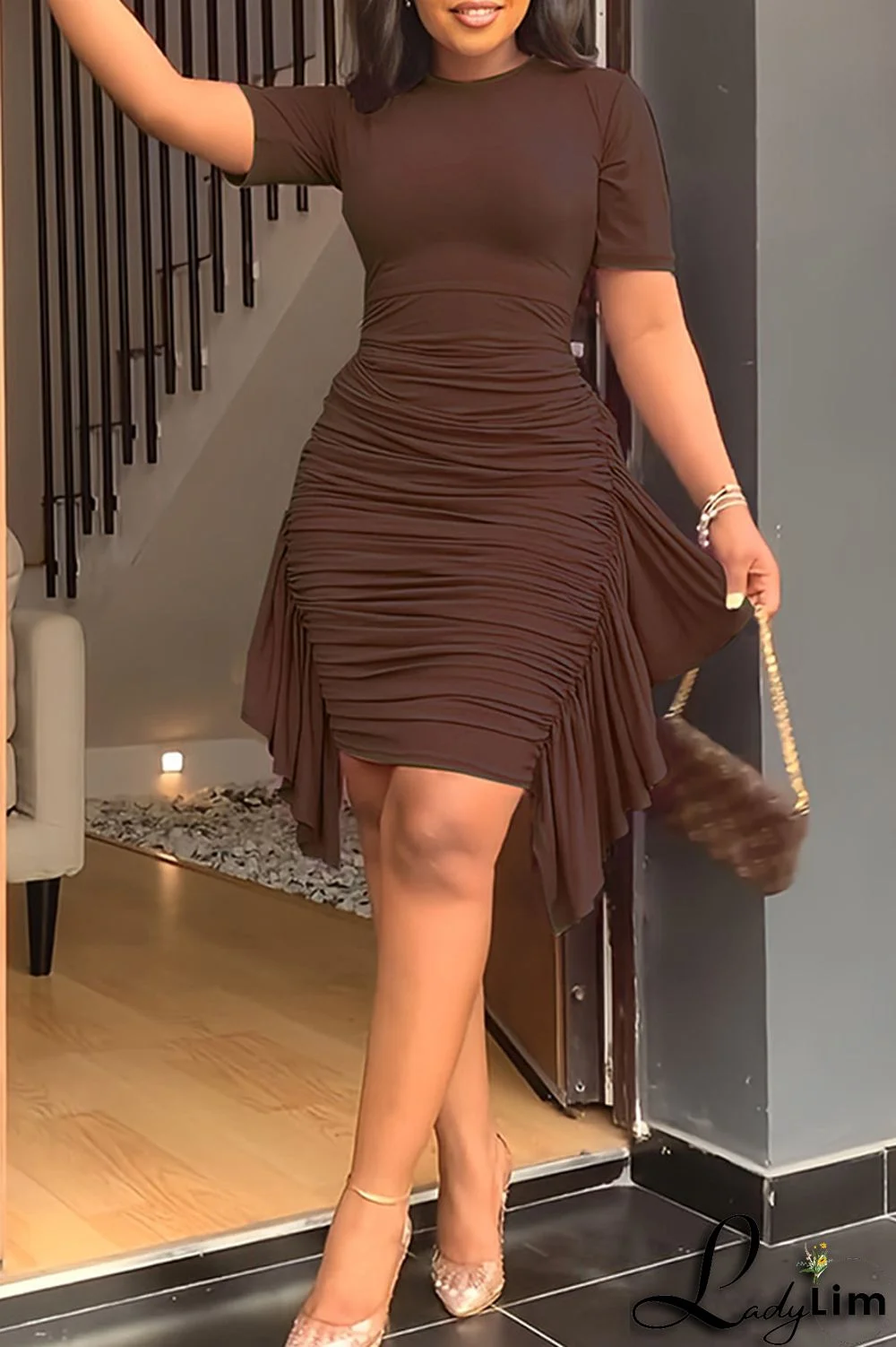 Pink Fashion Casual Solid Patchwork Fold O Neck Short Sleeve Dress