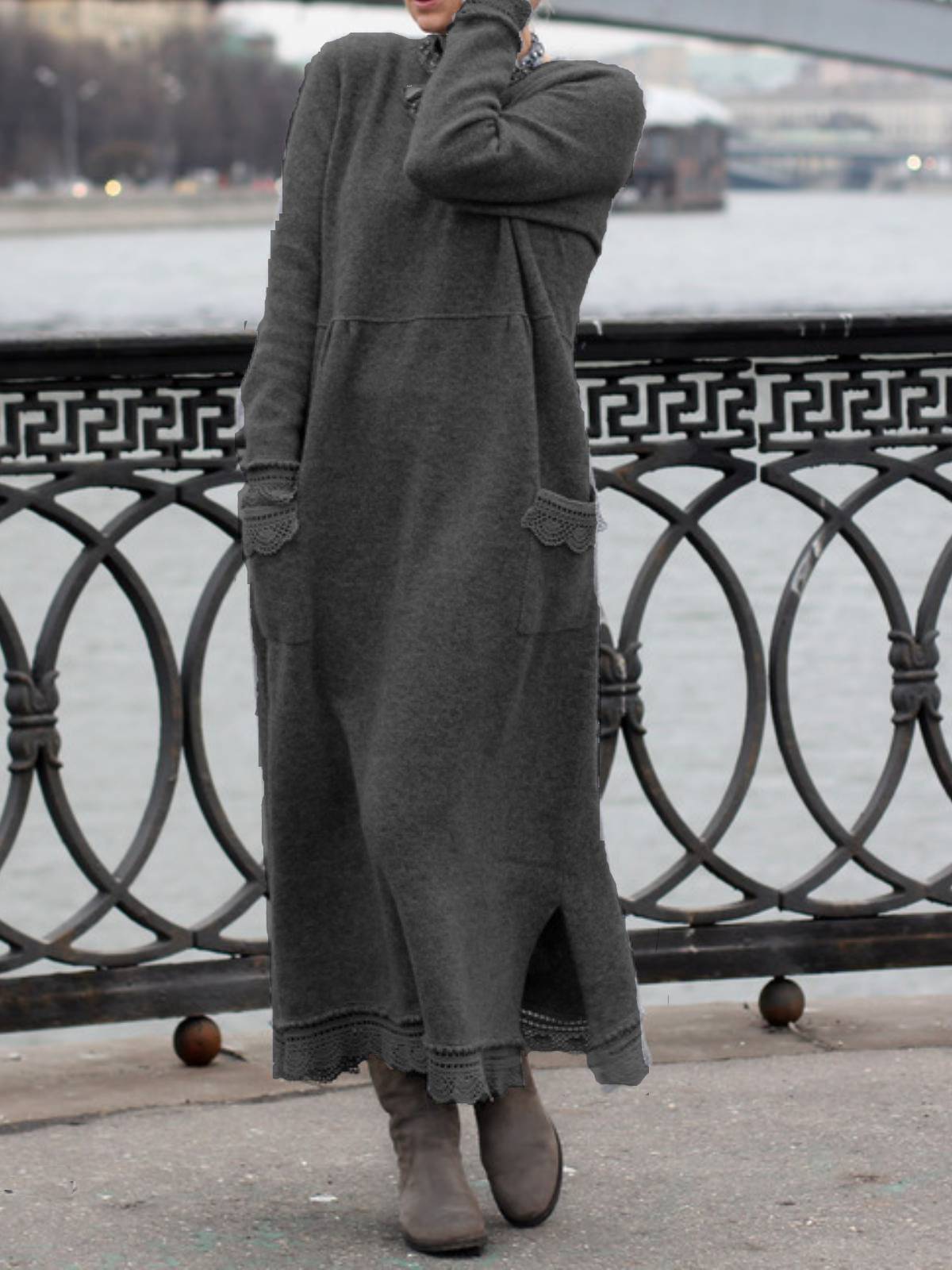 Women‘s Sweatshirt Dress Winter Dress Long Dress Maxi Dress Black Purple Army Green Light gray Dark Gray Red Long Sleeve Ruffle Pocket Winter Fall Turtleneck Stylish Casual Modern Fall Dress S M L XL-JRSEE