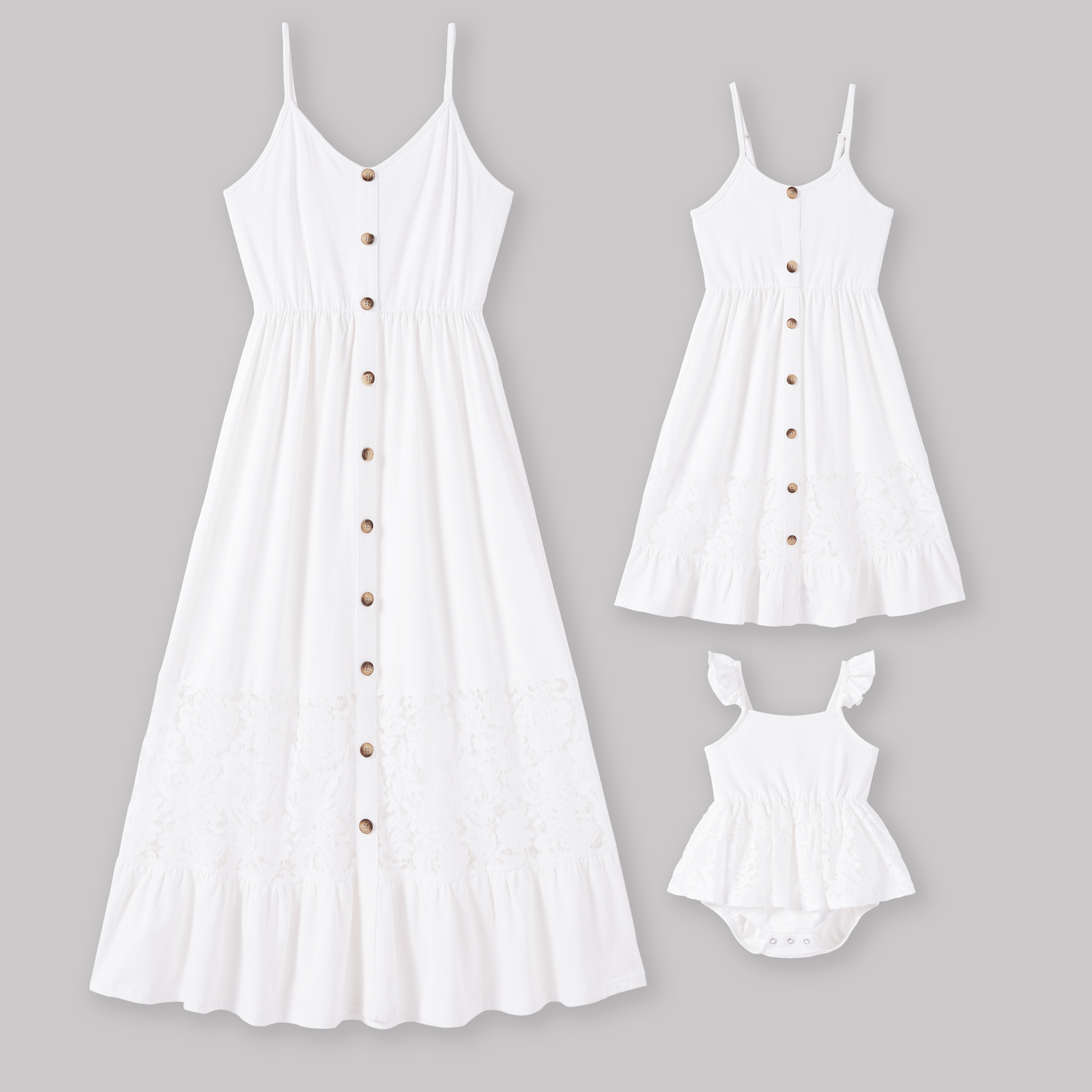 Mommy and Me Button Up White Lace Embellishment Ruffle Hem Strap Dress