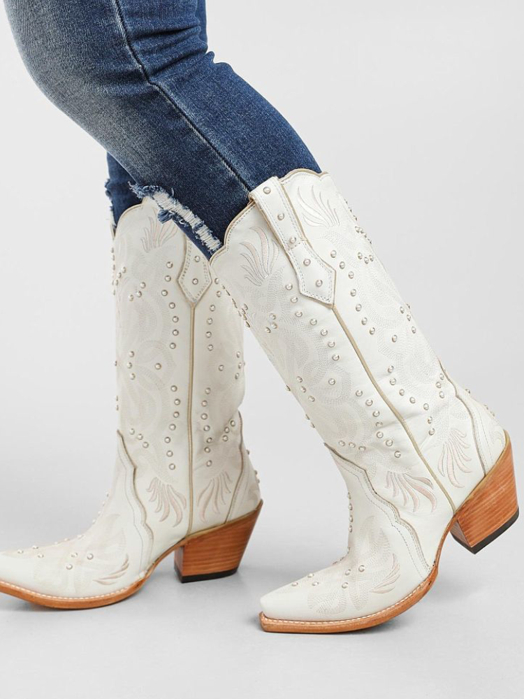 White Cowgirl Boots Pearl Embroidered Snip Toe Slanted Heel Western Boots