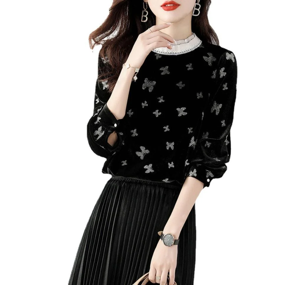 Lady Butterfly Printed Ruffled Velvet Shirt