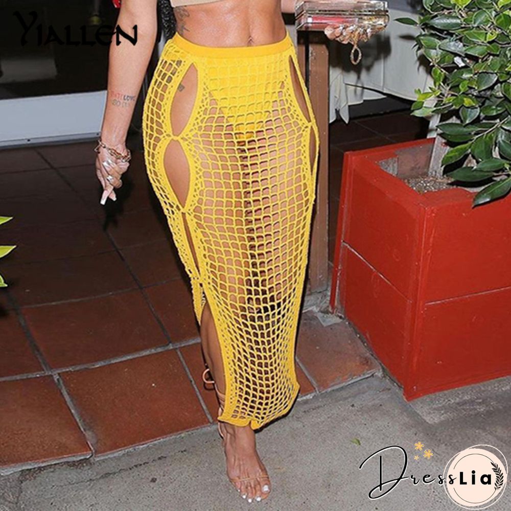 Summer Yellow Openwork Weaving Long Skirt