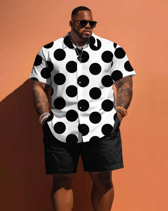 Men's Plus Size Black And White Polka Dot Print Short Sleeve Shirt Shorts Set