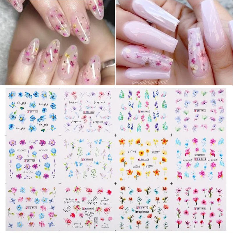 12 Designs Nail Stickers Set Mixed Floral Geometric Nail Art Water Transfer Decals Sliders Flower Leaves Manicures Decoration-Nail Inspo