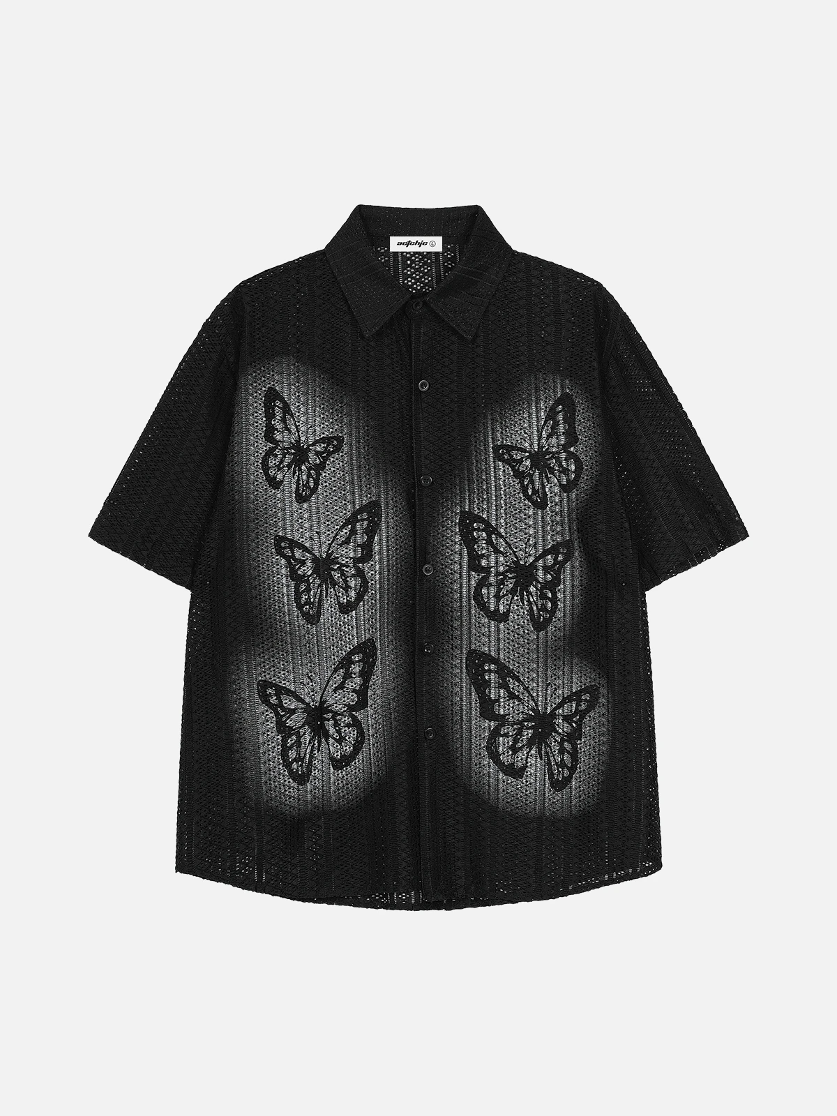 Black Act Chic Vintage Butterfly Mesh Short Sleeve Shirt Front
