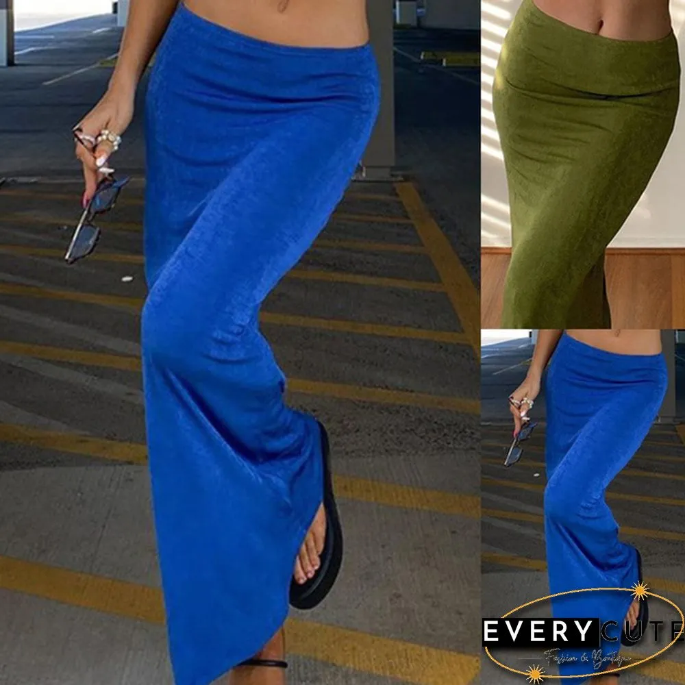 Retro Midi Skirt Low Waist Tight Blue Green Womens Urban Fashion Summer Falda Gonna