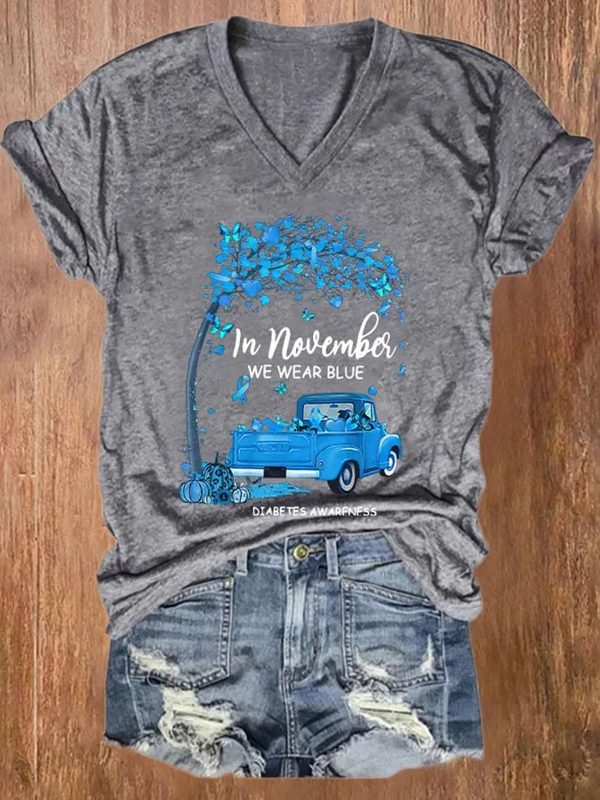 Women's In November We Wear Blue Diabetes Awareness Print V Neck T-Shirt