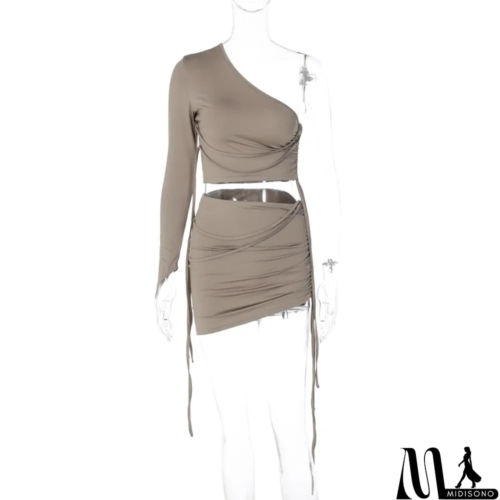 MidiSono - Women Fall One Shoulder Crop Top and Side Drawstring Skirt Two Piece Set