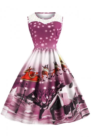 Sleeveless Santa Reindeer Print Christmas Midi Skater Dress Burgundy-elleschic